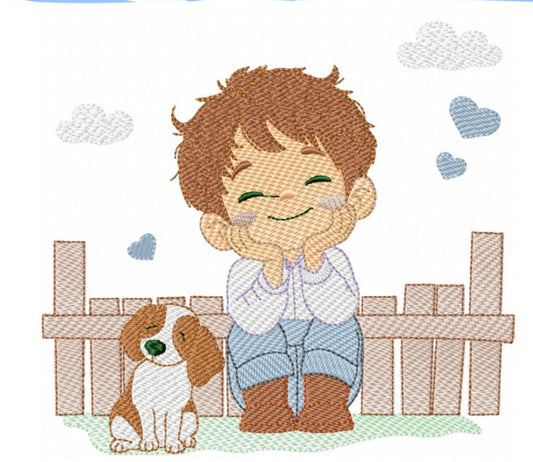 Niño y perrito granja