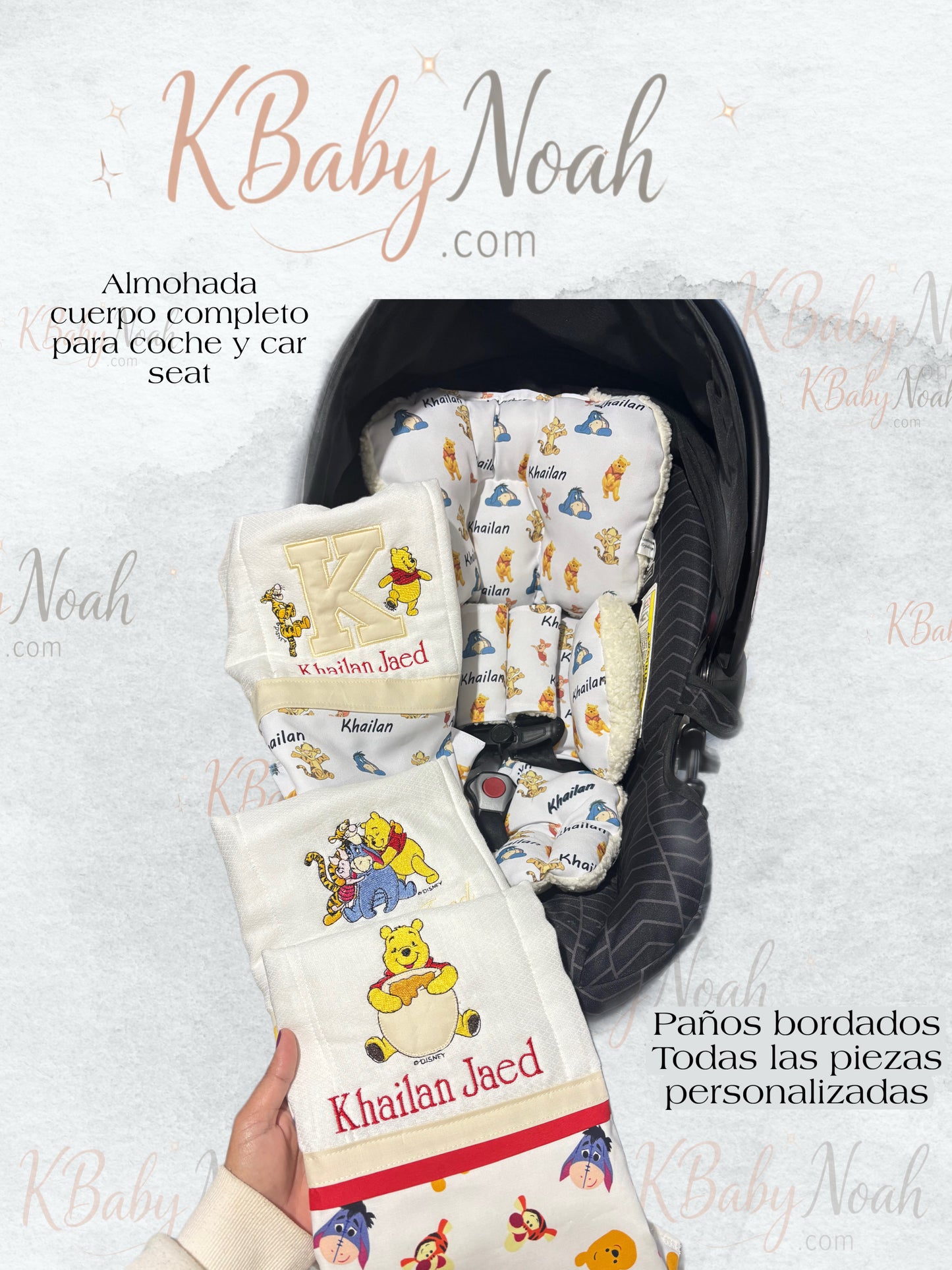 Set de Almohadas + 3 paños ( telas exclusivas con nombre incluido )