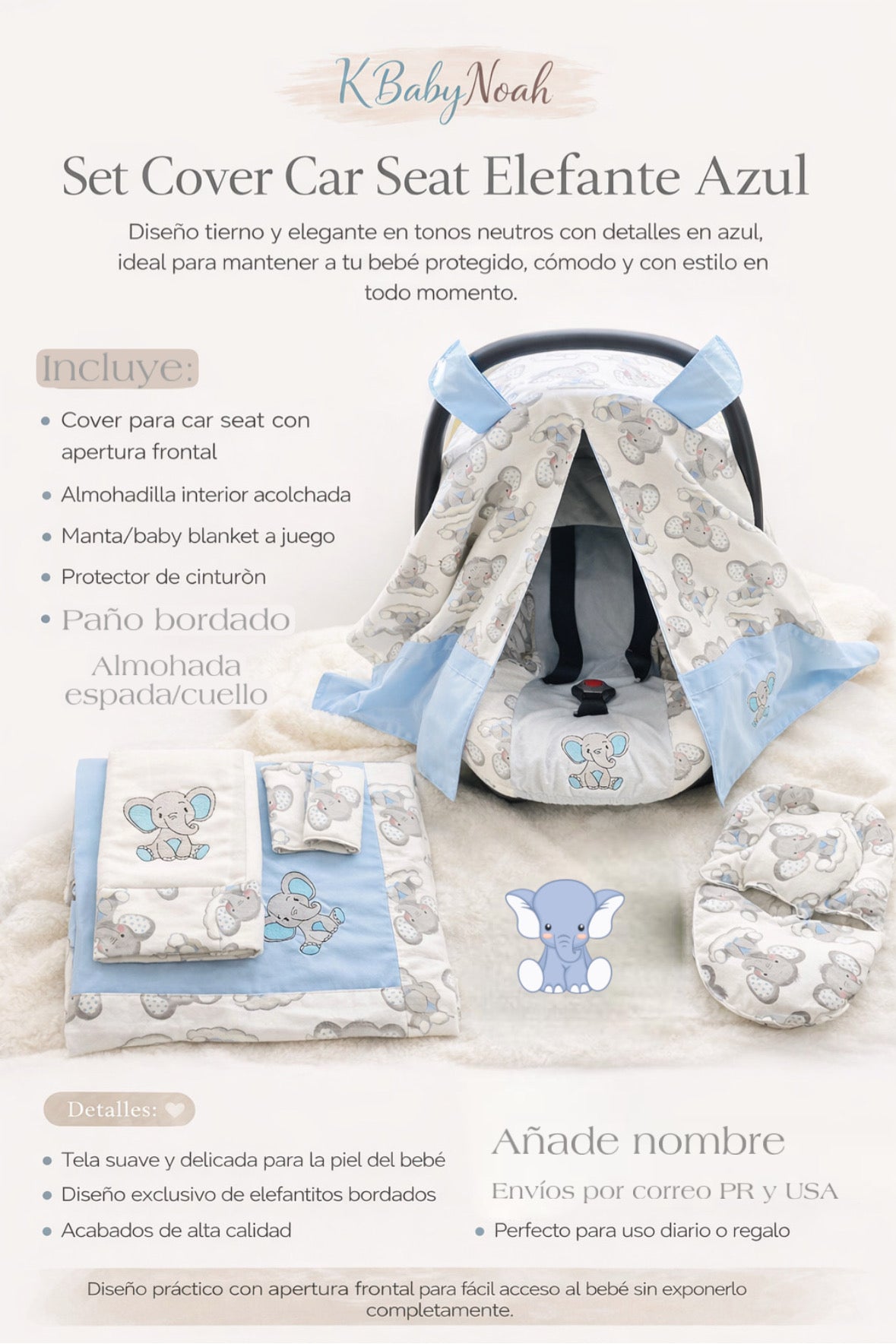 ✨ Set Cover Car Seat Elefante Azul – KBabyNoah