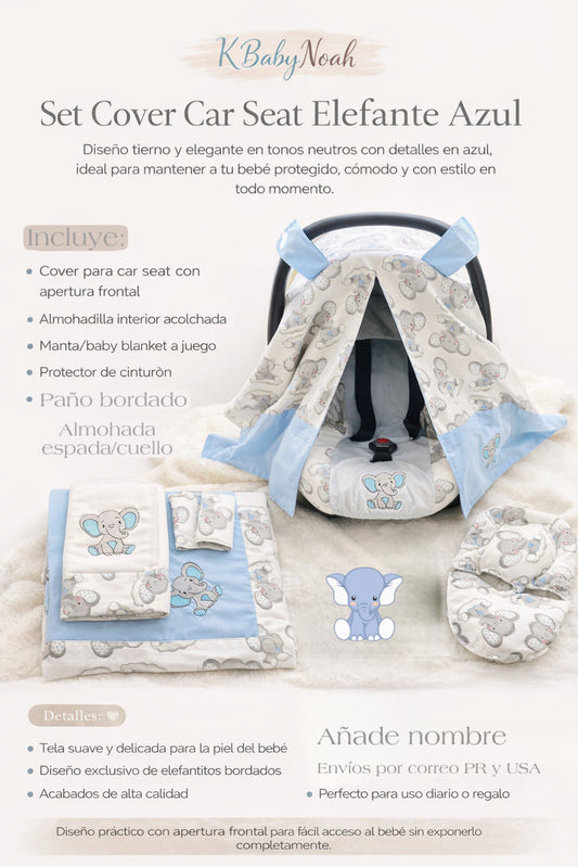 ✨ Set Cover Car Seat Elefante Azul – KBabyNoah
