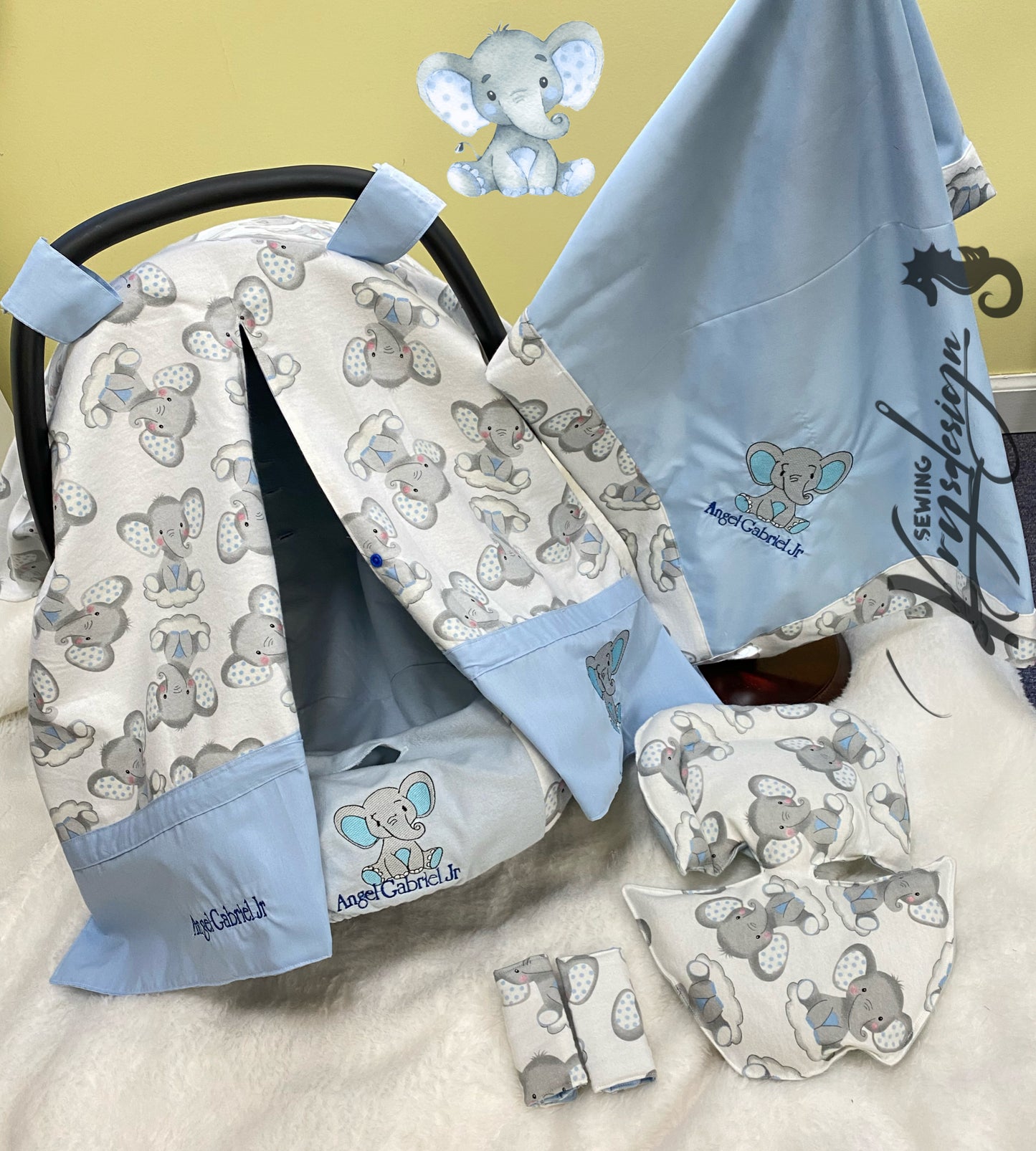 ✨ Set Cover Car Seat Elefante Azul – KBabyNoah