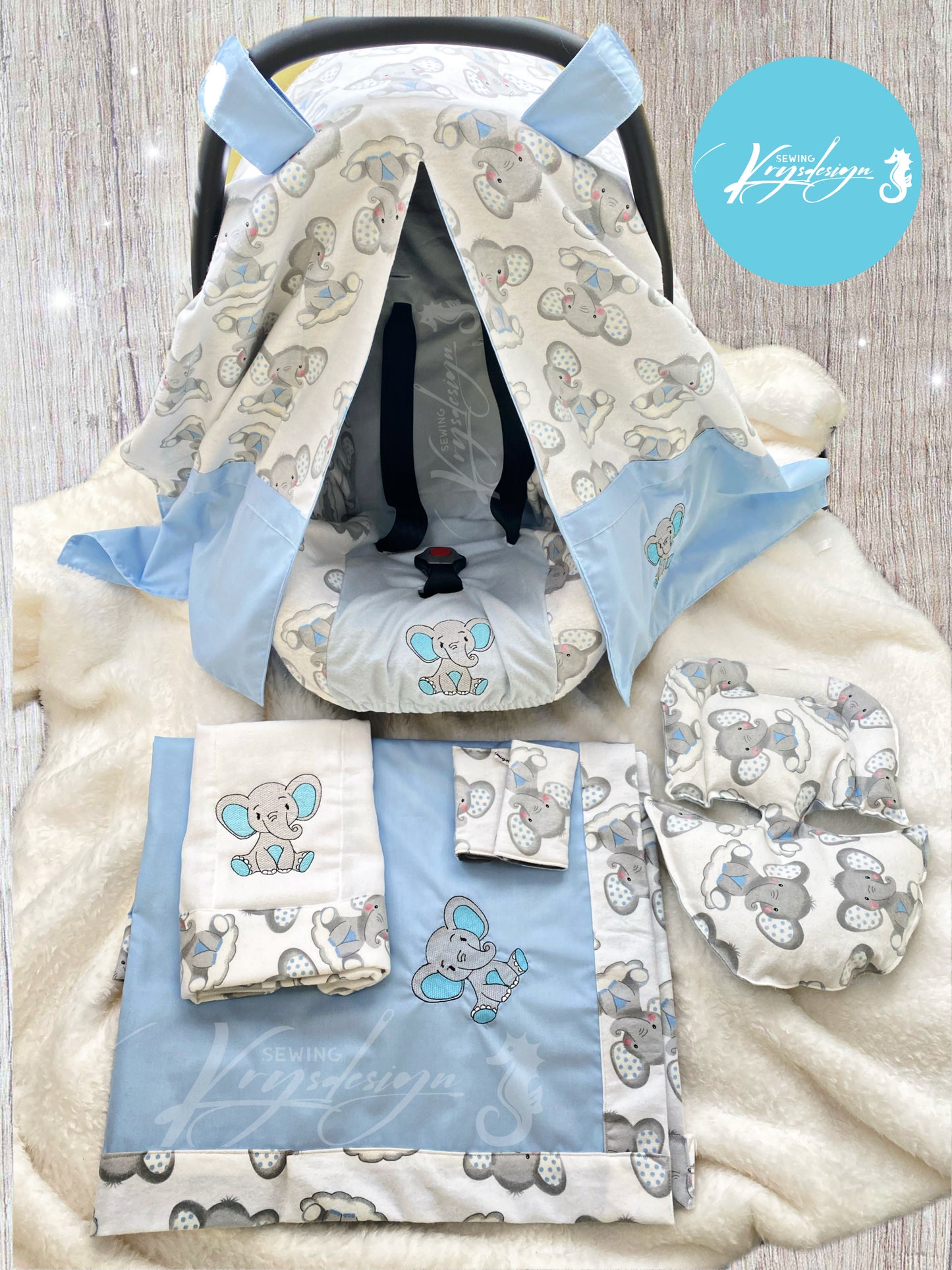 ✨ Set Cover Car Seat Elefante Azul – KBabyNoah